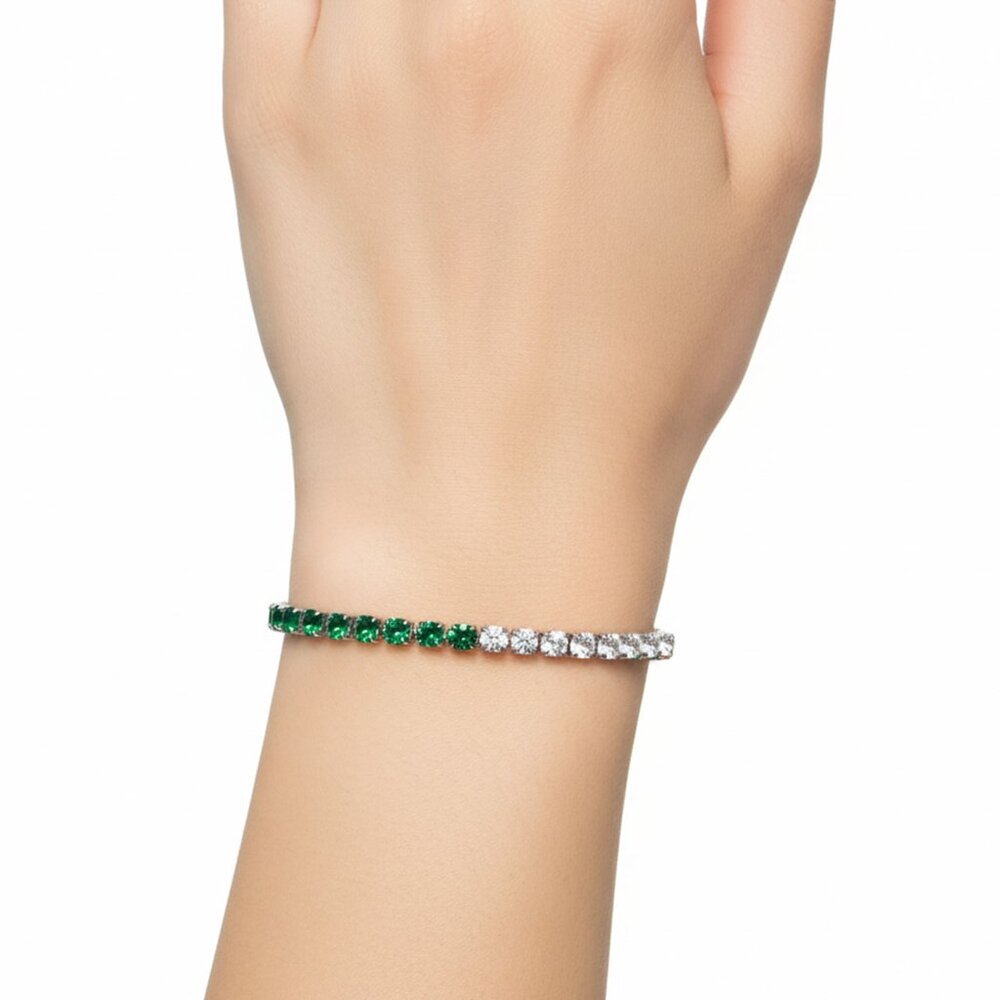 Vintage Emerald Green Clear Rhinestone Tennis Bracelet Silver Tone Link Chain